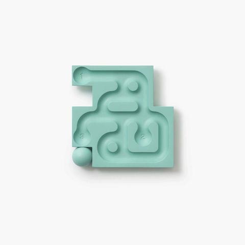 A teal maze with numbered paths and a small ball, designed for engaging and playful exploration.