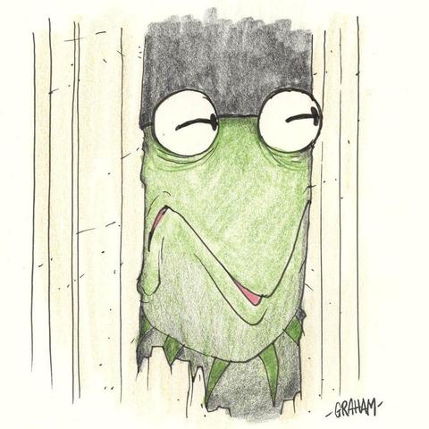 A cartoon illustration of Kermit's twisted face looking through the busted bathroom door ala The Shining. 10% off everything at gricklemart.com right now!