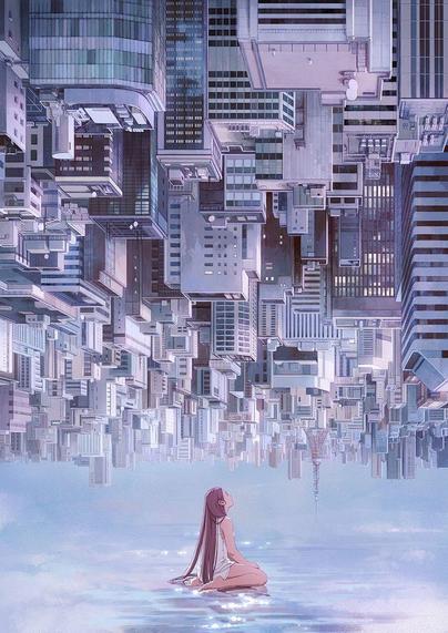 a digital painting of a girl sitting underneath an upside down cityscape
