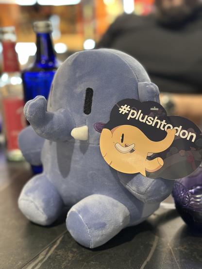 A blue plush elephant toy with a tag that reads "#plushtodon." The background includes beverages and a blurred figure.