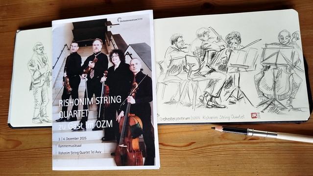Graphite sketch of the Rishonim String Quartet in the sketchbook with program.