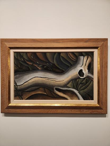 An abstract painting of a horizontal tree trunk, looking something like an insect where branches poi t down and up. Dark colors for a background suggest deep woods in fall.