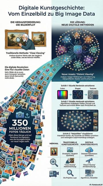 An infographic titled "Digitale Kunstgeschichte: Vom Einzelbild zu Big Image Data" illustrates the transition from traditional art history methods to new digital approaches for analyzing vast amounts of images. It highlights the challenge of image overflow, the digital revolution of visual data