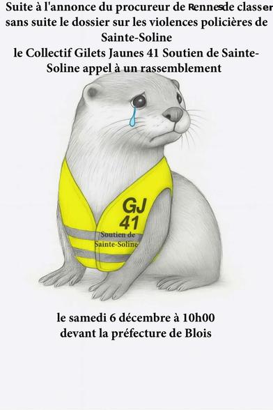 Un animal (une loutre ?) pleure, elle porte un gilet jaune avec inscription GJ41, soutien de Sainte Soline au dessus et en dessous annonce du rassemblement