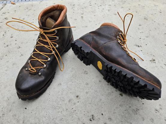 Cell phone photo of a pair of 50 year-old hiking boots, after restoration.
