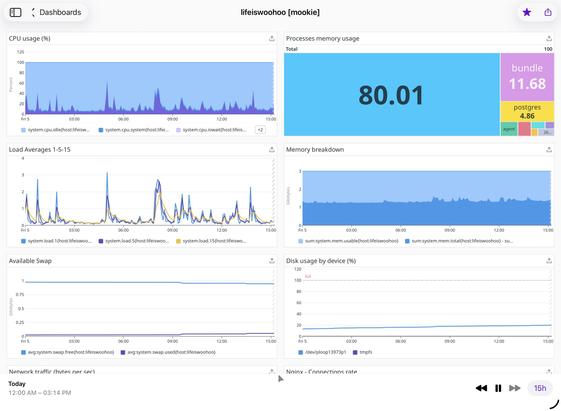 Screenshot of Datadog dashboard showing metrics. Very spiky CPU usage and load avg.