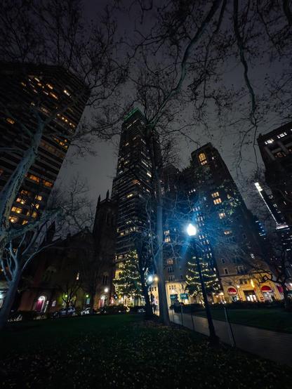 A view of buildings at night