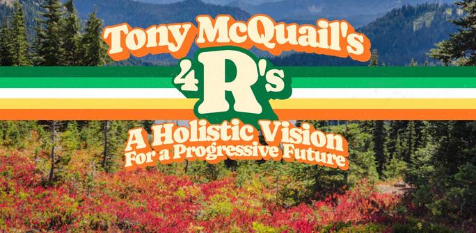 Photo of blue sky above, red and yellow leafed trees below looking into a forested green valley. There is a multi-coloured line dissecting the centre of the photo, highlighting the 4R's portion of the text. The text says "Tony McQuails 4R's A Holistic Vision For a Progressive Future"