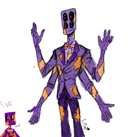 A sketch of a man with purple an orange skin, a mismatched purple and orange suit, 4 arms and 4 eyes