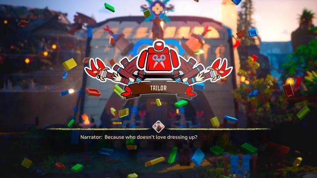The screenshot shows a celebratory unlock screen from LEGO Horizon Adventures. At the center floats a bright, sticker-style emblem featuring a red LEGO torso adorned with simple decorative swirls, flanked by cartoonish scissors and bundles of fabric—signifying the Tailor role. Beneath the emblem, a brown ribbon banner clearly labels the unlock as “TAILOR.” Multicolored LEGO bricks—red, blue, green, yellow, and orange—rain down across the screen like confetti, emphasizing the festive moment. In the background, blurred but recognizable, stands a Nora-style hut decorated with wooden carvings, blue ropework, and heart-shaped motifs glowing warmly in the evening light. At the bottom of the screen, a narration subtitle appears, accompanied by a tiny portrait of the humorous storyteller: “Narrator: Because who doesn’t love dressing up?” This screen signifies that the player has unlocked the Tailor ability, allowing Aloy to craft or equip cosmetic outfits in this playful LEGO take on the Horizon universe.