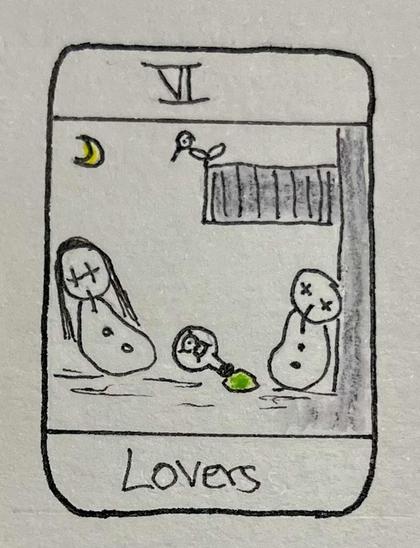 A hand-drawn tarot card labeled "Lovers” and the roman 6, featuring two simplistic figures resembling snowmen, each with crosses instead of eyes, lying lifeless on the ground. A small bottle with a skull and spilled green liquid is depicted between them, along with a crescent moon and a bird on a balcony above them.