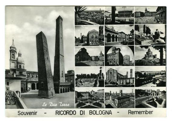 The image is a vintage postcard featuring black and white photographs of various landmarks in Bologna, Italy. The main part of the card shows two prominent structures: "La Due Torre," which translates to "The Two Towers." These towers are among Bologna's most famous historic buildings.
In addition to these central images, there are several smaller pictures arranged around them showcasing different architectural and cultural sites in Bologna such as palaces, churches with distinctive domes, a bustling city square filled with people, and an arched bridge. The postcard is labeled "Souvenir - RICORDO DI BOLOGNA - Remember," indicating it's meant for visitors to remember their trip.
The bottom left corner of the card has text that says "Le Due Torre" alongside another line which seems like a misspelling, possibly intended as "Bologna." The postcard serves not only as an historical keepsake but also as a piece of travel memorabilia.
