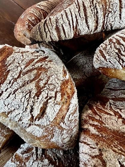 Auf einem dunklen Holztisch liegt ein Holzbrett. Darauf liegen zahlreiche frisch gebackene Brötchen mit rustikalem Ausbund.