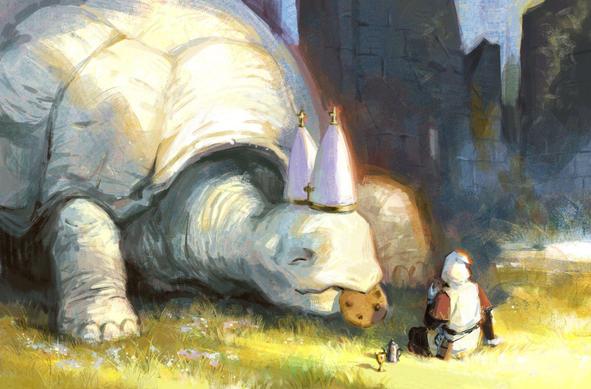 Dessin représentant une tortue géante, avec un chapeau de pape et le personnage principal du jeu, encapuchoné, assis face à elle. Les 2 sont en train de partager un gouter. La tortue mange un (gros) cookie et un thermos (ou cafetière ?) et un verre sont posés à côté d'eux.