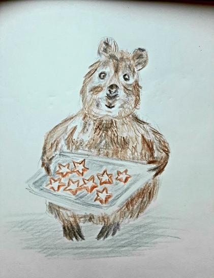 Buntstiftzeichnung. Ein Quokka hält ein Blech mit Zimtsternen.