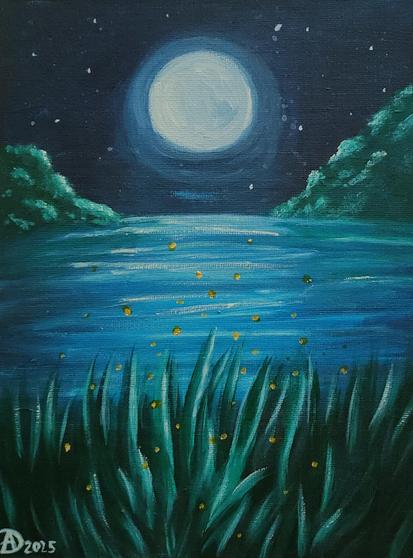 Der Vollmond bescheint die nächtliche Stille. Um den See erwachen kleine Glühwürmchen und tanzen im Mondlichtschein zwischen Gras, Bäumen und über das Wasser. 
Acryl auf Malkarton, 17x24 cm
