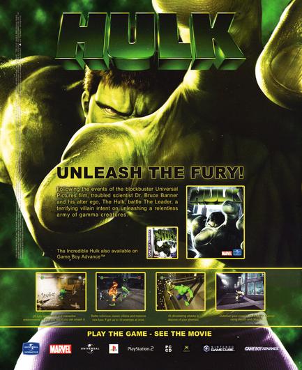 Back cover for Cube 20 - July 2003 (UK), featuring an advertisement for Hulk on GameCube and GBA