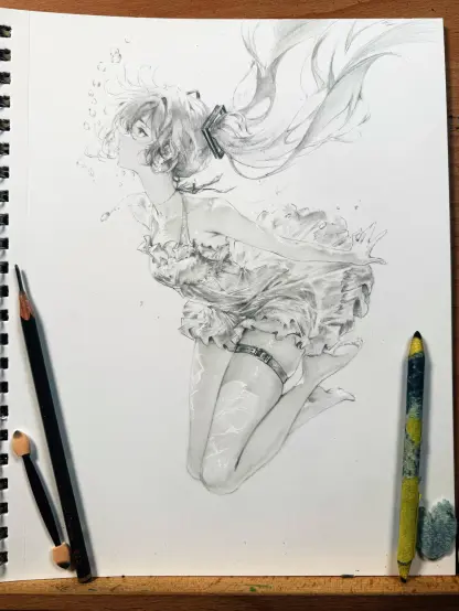 A pencil drawing in a spiral-bound sketchbook shows Hatsune Miku floating underwater. Her long hair streams out around her in soft, wavy strands, giving the sense of weightlessness. She wears a frilled, flowing outfit that drifts gently with the imagined water currents. One leg is bent as if she is lightly sinking or suspended; the other has a garter-like band around the thigh. Small bubbles rise around her head and upper body, emphasizing the underwater setting. Lightly shaded highlights on her stockings and hair give the impression of shimmering water reflections. The sketchbook rests on a desk, surrounded by drawing tools: a pencil, a blending stump, and a yellow-green colored pencil.