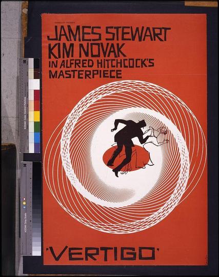 The image depicts a movie poster of "Vertigo," featuring the iconic Alfred Hitchcock's masterpiece. The poster is dominated by a striking color scheme of red and black, with the title of the film prominently displayed in white text at the bottom. The main visual element is a swirling pattern resembling an eye, which is centrally placed on the poster. This design is set against a stark black background, further emphasizing its presence. 

In addition to the title and the swirl design, there are two names visible on the poster: James Stewart and Kim Novak. These actors portrayed the leading roles in the film. The overall layout of the poster suggests a sense of mystery and suspense that is characteristic of Hitchcock's work. The use of red and black creates a stark contrast, adding to the dramatic effect of the poster.