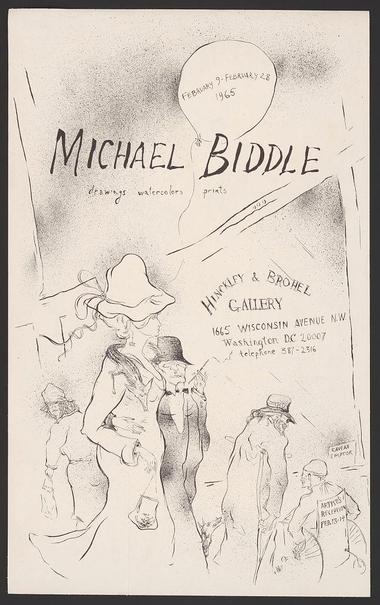 The image is a photograph of a poster featuring a drawing that represents an art piece. At the top center, there's a text that reads "MICHAEL BIDDLE." Below this, to the left, is another phrase saying "Michael Biddle," with what appears to be a signature or mark beneath it. The central part of the image shows a figure standing on a rocky surface under a night sky with a full moon. This figure seems to be wearing a hat and has a small object in their hand, which might be interpreted as a stick. Surrounding this figure are silhouettes of other people, some of whom appear to be carrying items or engaged in activities that suggest they're part of a group. The style of the drawing is somewhat reminiscent of a comic book illustration, with bold outlines and flat colors. The background beyond the central figure consists of a gradient that transitions from darker at the bottom to lighter at the top, possibly indicating an open sky or space. There's also a smaller text in the lower part of the poster that is too small to read clearly, which might provide additional context about the art piece or the artist.