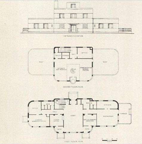 The architectural sheet presents the terminal’s entrance elevation along with detailed first- and second-floor plans. The drawings reflect the building’s functional layout: the first floor includes a ticket office, lobby, restaurant, and administrative offices, while the second floor houses the airway communication bureau, weather station, additional office space, and a rooftop terrace. The design illustrates the period’s emphasis on efficiency, visibility, and passenger comfort in small-city airport planning.