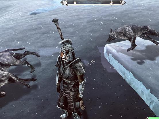 Tiger-like Khajiit on Skyrim who has just killed two wolves