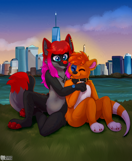 A female red and charcoal wolf and a male orange and white otter anthro furries cuddling while sitting on grass with the city behind them in the skyline. [🏷️furry, fursona, furryartist, furryfandom ]