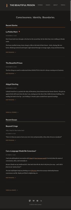 Screenshot of a website titled "The Beautiful Prison" with stories and essays on consciousness, identity, and perception, set against a dark background.