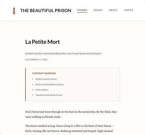 A webpage titled "The Beautiful Prison" with a story called "La Petite Mort" featuring content warnings for explicit material, themes of death, grief, and body horror.