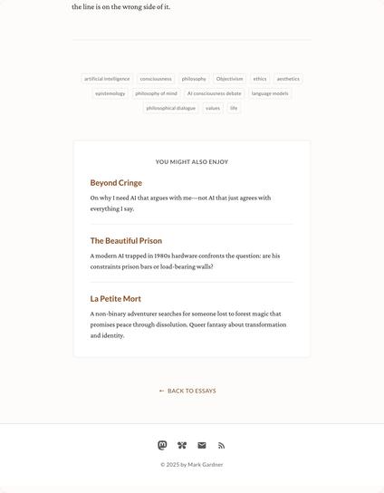 A webpage showing book titles and descriptions about AI and philosophy, with tags and navigation options at the bottom.