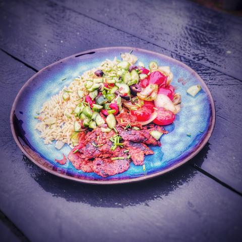 Chicken kebab with veggies and rice angled