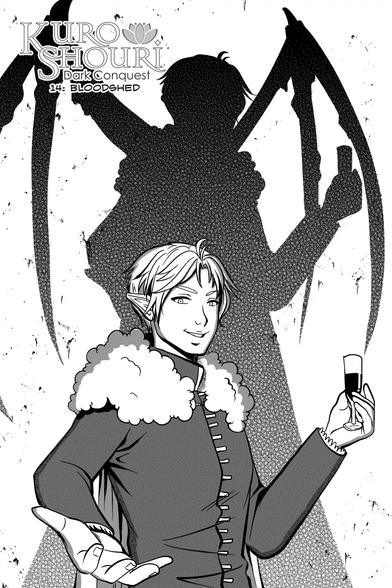 A soft boi holding a wine glass of blood and reaching his hand toward the camera. His shadow has bony wings sprouting out of it. The text says "Kuro Shouri 14: Bloodshed"