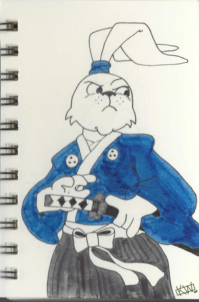 Ink drawn Usagi Yojimbo, an anthropomorphic samurai rabbit, looking off to the side and reaching for his sword.