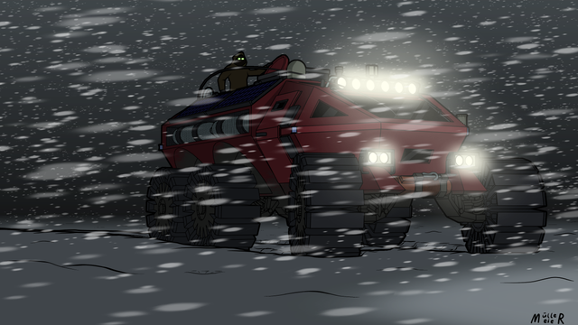 Digital drawing of a rover with its headlights on driving through a snowstorm
