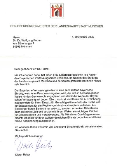 Schreiben vom Münchner Oberbürgermeister Dieter Reiter.