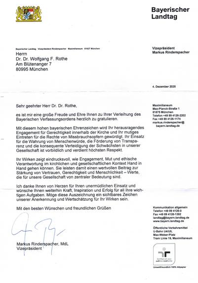 Schreiben vom Landtagsvizepräsidenten Markus Rindersbacher.