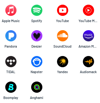 A bunch of icons of musci services...
Apple Music [A white 1/8 note on a dark orange background]
Spotify [Three slightly curved white lines on top of each other on a bright green background]
Youtube [A white rectangle with smooth edges and red triangle inside on a red background]
Youtube Music [A white triangle surrounded by a thin white circle on a red background]
Pandora[A white P on a blue background]
Deezer [A pixelated black heart on a purple background]
SoundCloud [A white cloud that's interrupted by stripes in the left half on an orange background]
AmazonMusic [A white curved arrow and the word music on top on a deep blue background, shaded]
TIDAL [Four white squares rotated by pi/4. Three of them are horizontally aligned, while the last one is vertically aligned and sitting below the middle square]
Napster [Some outline vaguely resembling a head wearing headphones on a blue background]
Yandex [A spark of light radiating towards the bottom left on black background]
Audiomack[A Signal/Wave in dark orange on black background]
Boomplay [A light blue or torquiose B Cut by two black stripes that connect the inner part of the B to the outer part on a black background]
Anghami [An a drawn by 4 parallel lines in purple, blue, green and yellow from inside to outside]