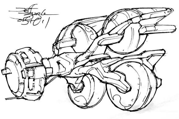 Black and white line art sketch of an imaginative sci fi spaceship. Each one is very different. Four large spherical engine pods at rear with long top stabilizer fins, and a scone-shaped command section on a pillar at front.