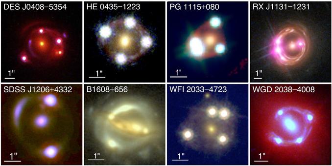 Un montaggio di otto sistemi di lenti gravitazionali con ritardo temporale. Al centro di ogni immagine c'è un'intera galassia, mentre i punti luminosi che la circondano in anelli sono immagini di quasar dietro la galassia, riprese con lenti gravitazionali. Queste immagini sono in falsi colori e sono composte da dati provenienti da diversi telescopi e strumenti.