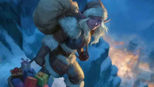 Interior artwork from "One-Shot Wonders Holiday Adventure Pack," featuring a female elf dressed in a Santa costume holding a sack of presents.