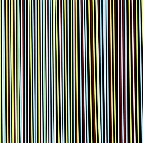 The artwork is an illustration of vertical lines in yellow, light blue and green hues. There are gaps or negative spaces of different sizes between the vertical lines. The effect makes it difficult to focus on any one particular area of the illustration.
