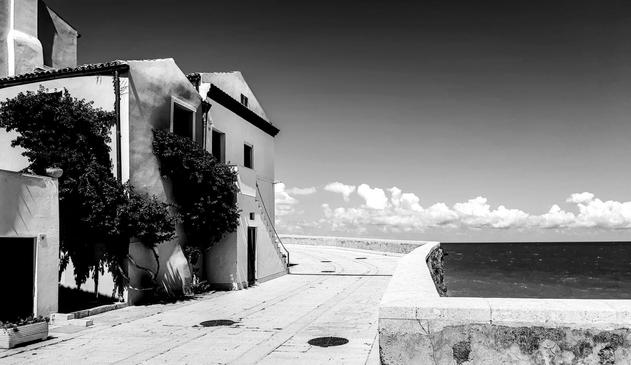 Foto orizzontale in bianco e nero del borgo antico di Termoli: a sinistra una casa dalle pareti chiare con piante rampicanti scure che salgono sulle facciate; davanti si vede una passeggiata pavimentata che curva verso destra seguendo un muraglione. A destra il mare scuro, allâorizzonte una fila di nuvole bianche sotto un cielo pulito.