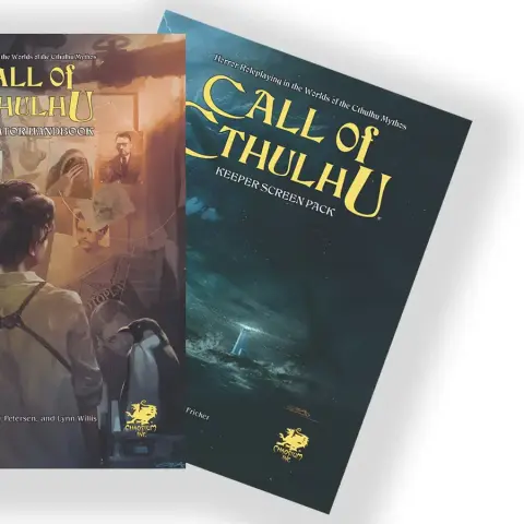 The image features two books from the 50th Anniversary Collectable Slipcase Set for Call of Cthulhu. On the left, the "Investigator Handbook" showcases a character with a backdrop of mysterious images and documents, while the right side displays the "Keeper Screen Pack," featuring a dark, atmospheric cover with a lighthouse and ominous sea. Both books are adorned with the Chaosium logo, emphasizing their connection to the Cthulhu mythos.