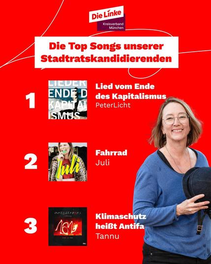 Katharina Horn
1. PeterLicht - Lied vom Ende des Kapitalismus
2. Juli - Fahrrad
3. Tannu - Klimaschutz heißt Antifa