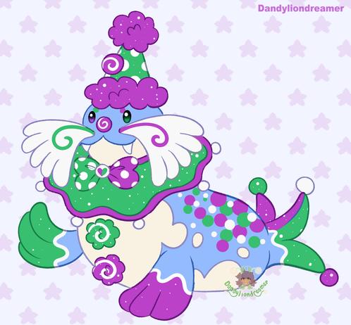 the pokemon sealeo as a silly clown, they are wearing a party hat, a bowtie, a neckruffle, everyhting is colored purple green and white