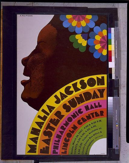 The image is a poster for an event featuring the performance of Mahalia Jackson on Easter Sunday at Lincoln Center. The central focus of the poster is the silhouette of an African-American woman's face, which suggests that she may be representing or associated with Mahalia Jackson herself.
Surrounding this silhouetted figure are colorful circular segments in shades of yellow, orange, pink, green, and blue, creating a vibrant display around her head. These circles contain text providing details about the event: "Mahalia Jackson," "Easter Sunday," "Philharmonic Hall Lincoln Center." Additional information is provided at the bottom of the poster indicating dates for ticket availability in different cities.
The overall design uses bold colors and contrasts to capture attention, emphasizing the importance of Mahalia Jackson's performance. The use of a silhouette suggests that her identity as an artist was already well-known among audiences during this period.
This image captures not just a moment in time but also offers insight into how cultural performances were marketed at the height of their popularity. It reflects both artistic expression and practical information, serving to attract potential attendees while highlighting key details about the event such as date and ticket availability across various locations.