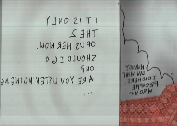 slightly clitchy scan showing one paper with backward written "it is only the 2 of us here now should I go on? are you listening". another underlaying paper is showing a sketchy cloud with the words "nobody saw what I did here. proof me wrong" and some peach fabric that looks pressed from the scanner.