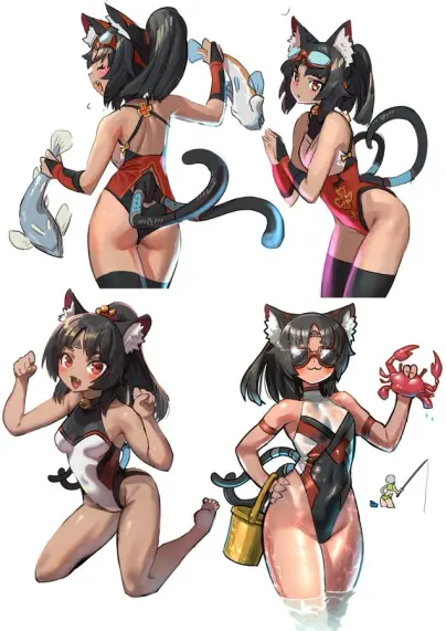 Four images of Nekomata in a swimsuit, presumably at the beach. Top left: Nekomata from behind, holding two fish aloft with a smile on her face. Top right: Nekomata from the side with her hands clasped together, looking a little surprised/curious. Bottom left: Nekomata on her knees holding up her hands like cat paws with a cute 'roar'/open-mouthed smile on her face. Bottom right: Nekomata from the front, holding a crab aloft with one hand while her other hand rests on her hip while wearing sunglasses. She appears to be standing in some water, and is doing the :3 face