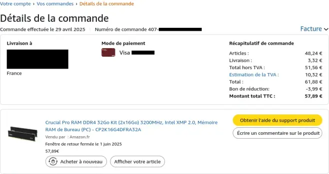Capture d'écran d'un commande Amazon de fin avril 2025 pour un kit de 32Go de DDR4 3200MHz Crucial Pro, prix ~ 58€