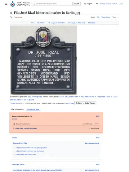 Wikimedia Commons page for a photo of a Philippine historical marker for Dr. Jose Rizal opened to the Structured data tab and with the depicts field highlighted showing that the photo depicts a historical marker with an item in Wikidata